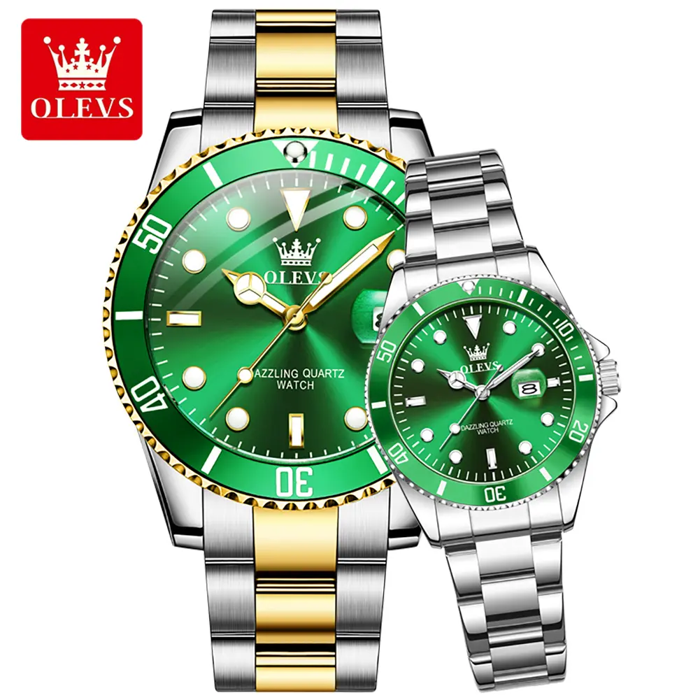 OLEVS Couple Wristwatch Set, Classic Submariner Style His and Hers Gifts with Luminescent Round Face, Mineral Glass, 41mm Water-Resistant 30m - 50m, Batteries, Clasp, Backlit, Steel Strap, Analog, Couple Style, Stainless Steel, Waterproof, Romantic, 30-50