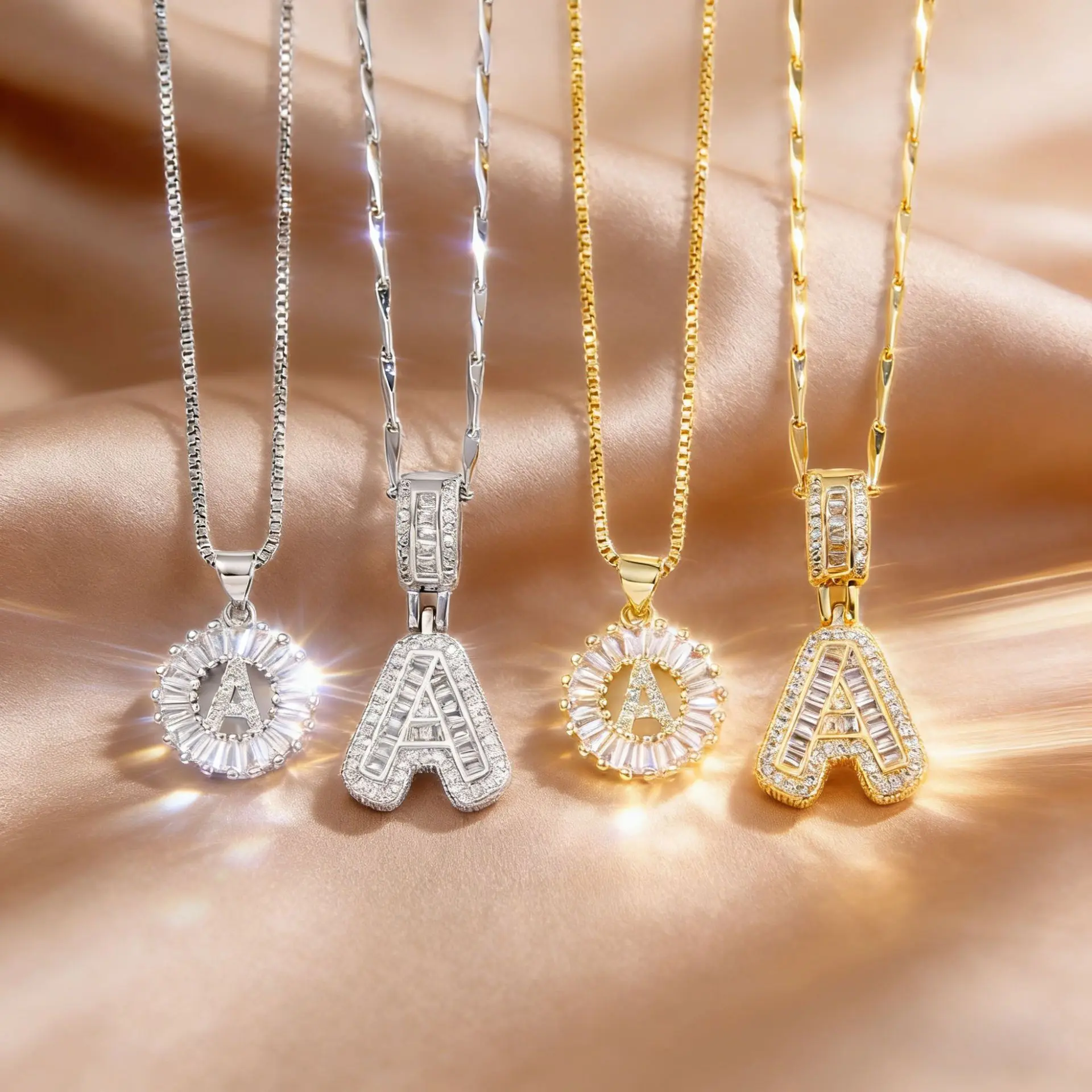 Women's 4-Pack 14" Gold and Silver Metal Coated Initial Necklaces - Ethnic Alphabet Pendants with  Out Bubble Gems, 17-19" Nickel-Free Chain, Zirconia Jewelry
