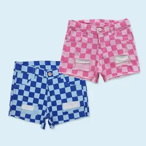 Pink checkered jeans kids girls summer denim shorts