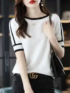 Women's Round Neck Patchwork Half Sleeve Knit Sweater, Commuter Casual Slim Fit Pullover, Stylish and Comfortable Top for Daily Wear