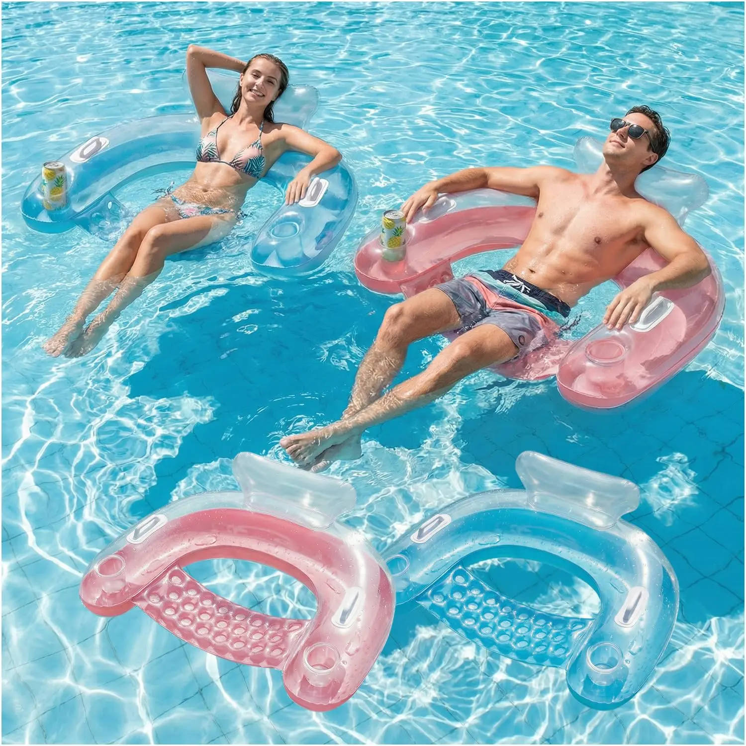 Ecofurnix 2-Pack Heavy-Duty PVC Transparent Adult Water Float Lounge Chairs - Pool Accessories with Cup Holders, Reinforced Handles, Quick Inflate, for Friends, Family, Instant Heat Relief, Ideal for Summer Water Sports