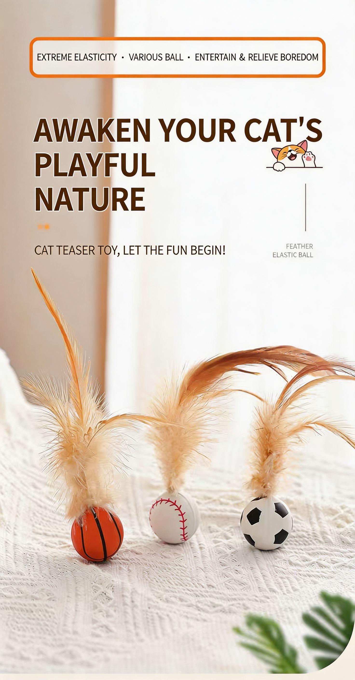 6/12/18/24 Pack Interactive Cat Feather Balls Toys, Bouncy Sports Themed Cat Balls (Basketball Soccer Baseball), Food Grade Silicone Bite Proof Kitten Toys, Self Play Cat Toys for Indoor Cats Boredom Relief Exercise