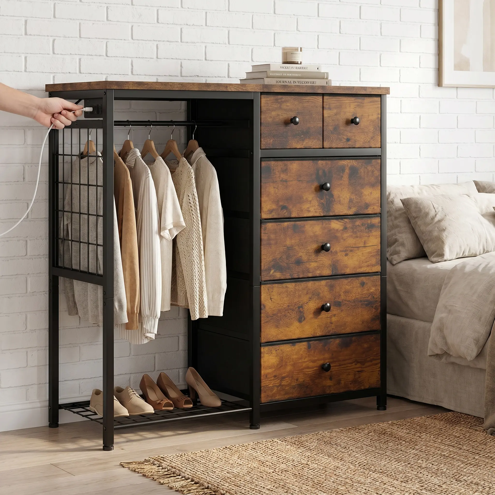 YJ-Garvee Rustic Brown Dresser with Hanging Rack, 6 Drawers, Charging Station, Wooden Top Organizer Unit with LED Lights, Fabric Chest of Drawers, Clothes Rack & Open Shelves for Living Room