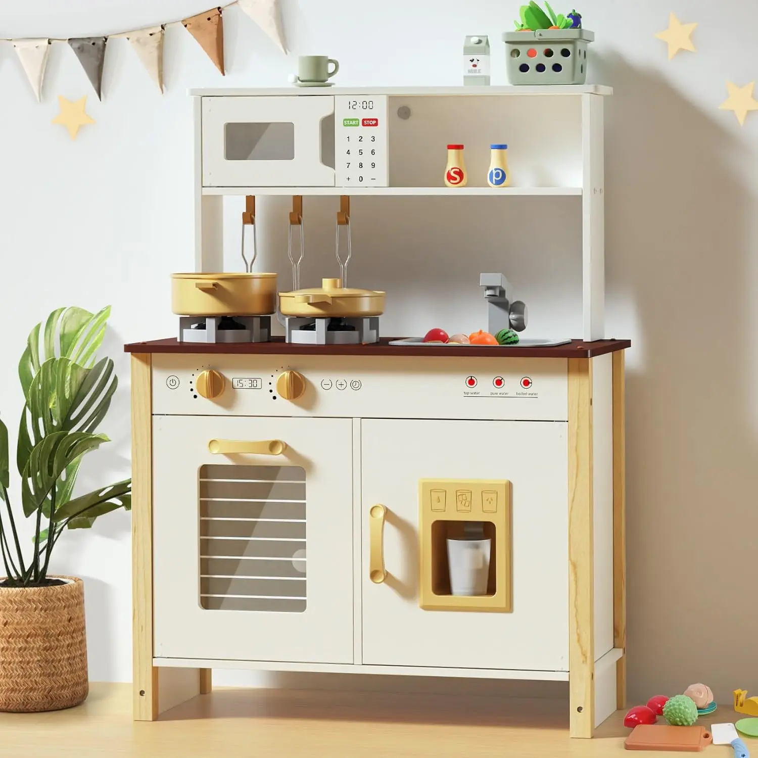 BIERUM Durable Wooden Toddler Play Kitchen, Pretend Cooking Set for Kids Ages 3+, with Real Lights, Sounds, Stove, Sink & Oven
