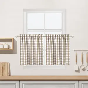 Beige Buffalo Plaid Cafe Curtains 30 Inch Length, Buffalo Check Kitchen Tier Curtains, Farmhouse Gingham Rod Pocket Short Half Window Curtain for Kitchen Bathroom, 28"W x 30"L, Linen, Set of 2