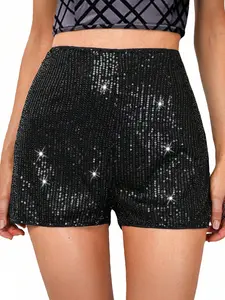 Sparkling Sequins Straight-Leg Fitted Short Hot Pants Dancewear Shorts - featuring a comfortable elastic mid-rise waist for a versatile and sexy summer party look. Bottom Womenswear