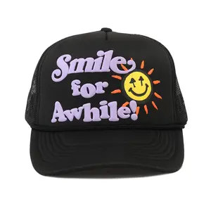 Smile for Awhile Trucker Hat - Black Foam Front Puff Print Snapback Design with Cheerful Sun Graphic for Casual Wear