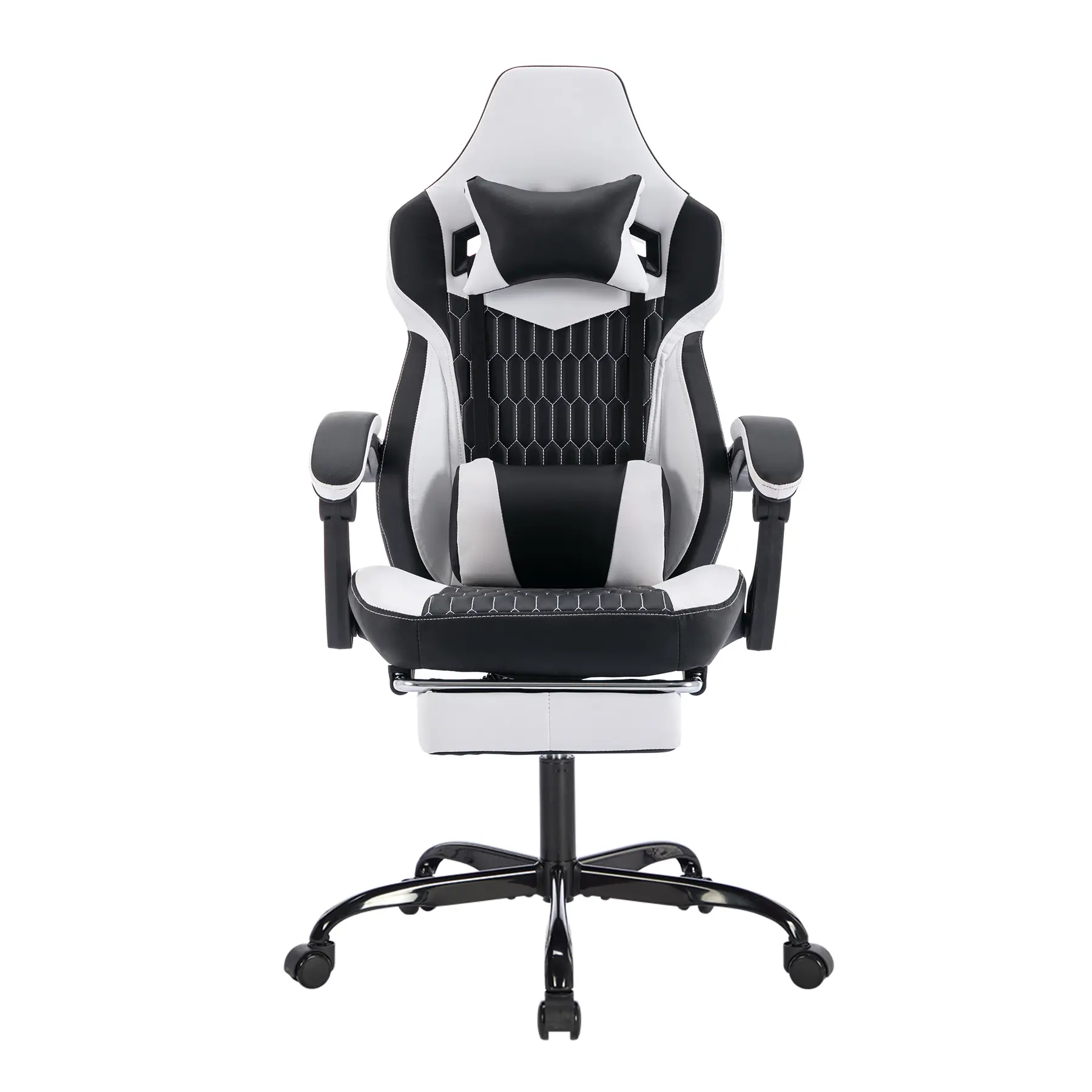 Gaming Chair with Retractable Footrest, High‑Back PVC Leather Racing Style Gamer Chair, 90‑135° Reclining Ergonomic Office Chair with Headrest & Lumbar Support, Black White
