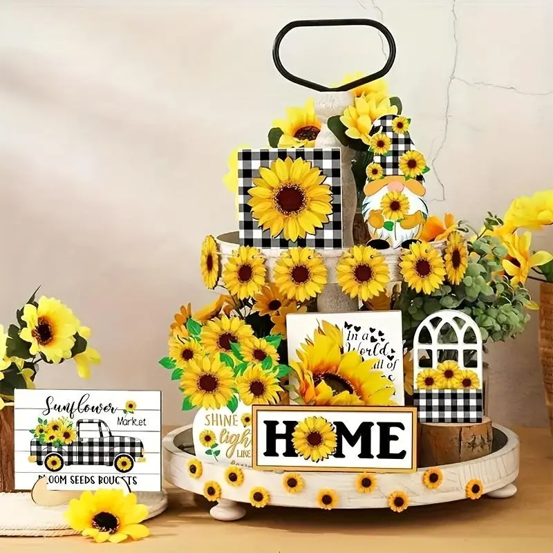 Sunflower Themed Tiered Tray Decor without Tray, 12pcs/set Wooden Sunflower Decoration, Desktop Decoration for Home Living Room Bedroom, Ornaments, Nature Ornaments, Decorative Flower Ornaments, Style Ornament, Decorative Flowers Ornaments