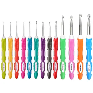 13 PCS Longer Ergonomic Crochet Hooks Set USA Standard Size 2.0mm-10.0mm Soft Grip Handles Smooth Crochet Needles Knitting Needles for Arthritic Hands,Beginners