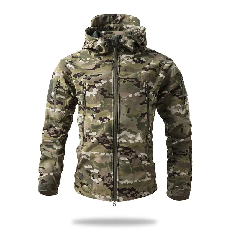 Men's Multi-Pocket Fleece-Lined Hooded Athletic Workwear Jacket - Waterproof Windproof Soft Shell Outdoor Sports Outerwear for Autumn Winter Hiking, Camping Clothes, Active Use