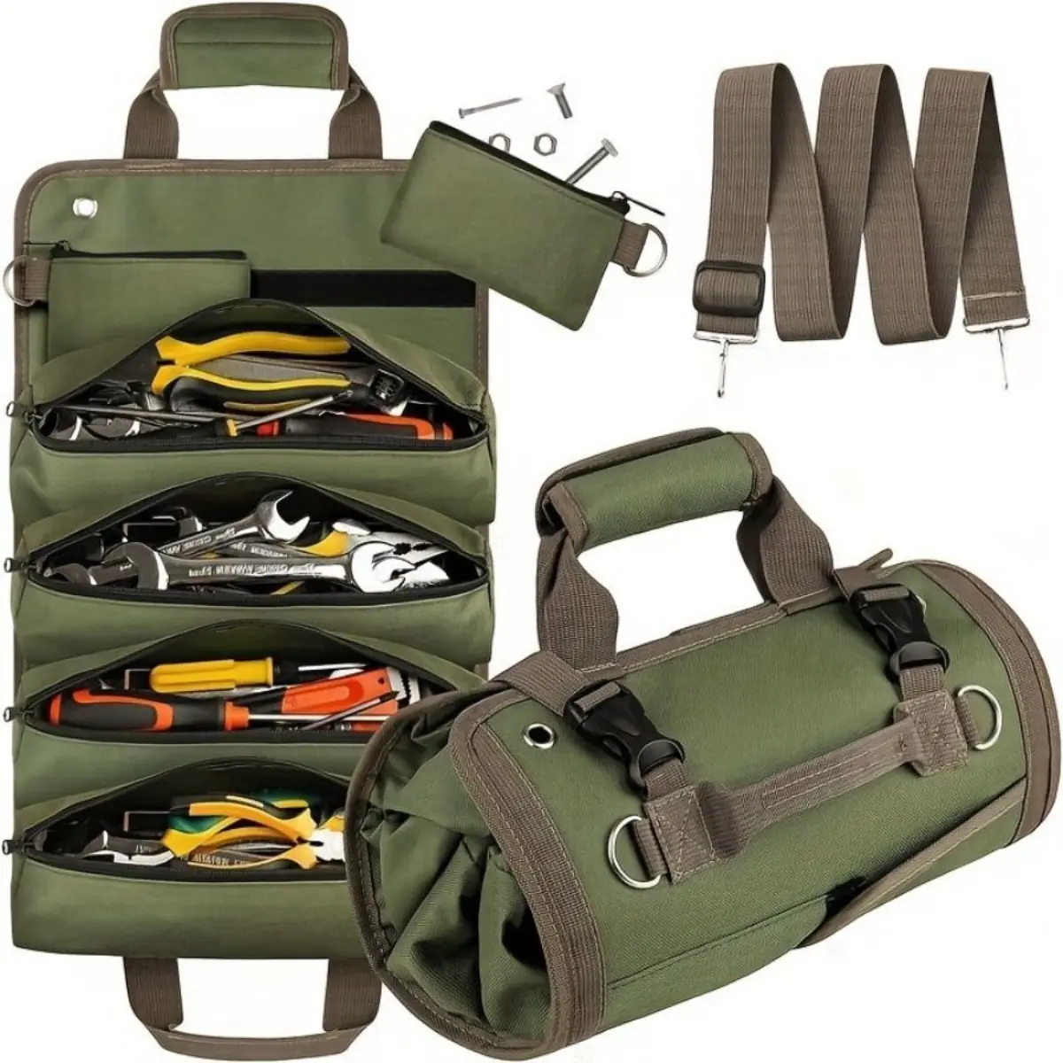 Heavy-Duty Canvas Roll-Up Tool Organizer Pouch, Electrician Tool Bag with Belt Loop for Wrench, Screwdriver, Socket Storage in Car, Garage