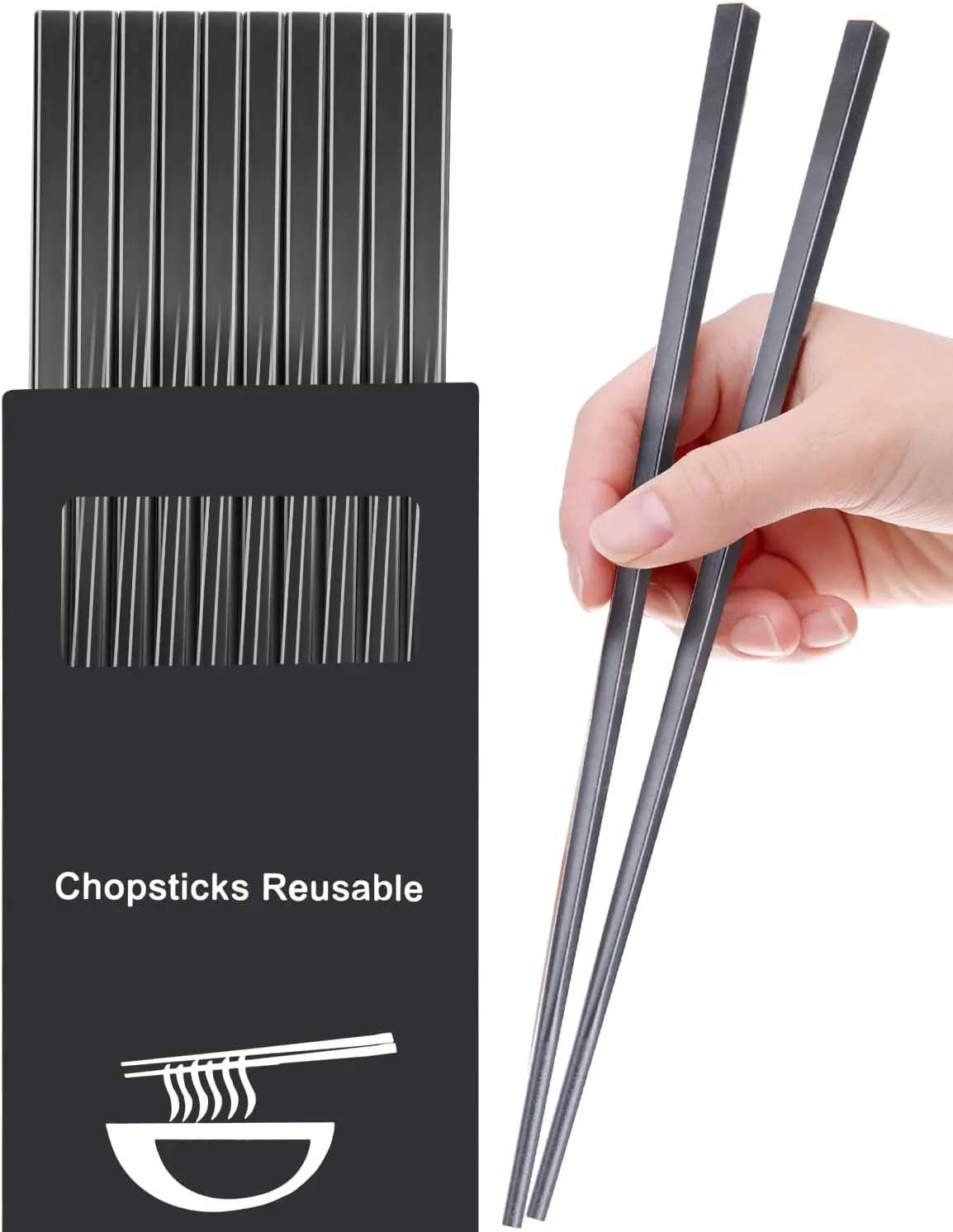 5 Pairs Dishwasher Safe Fiberglass Chopsticks Set, 9.5 Inch   Chinese Chopsticks, Non-Slip, Easy to Use (Colorful, Pure Black)