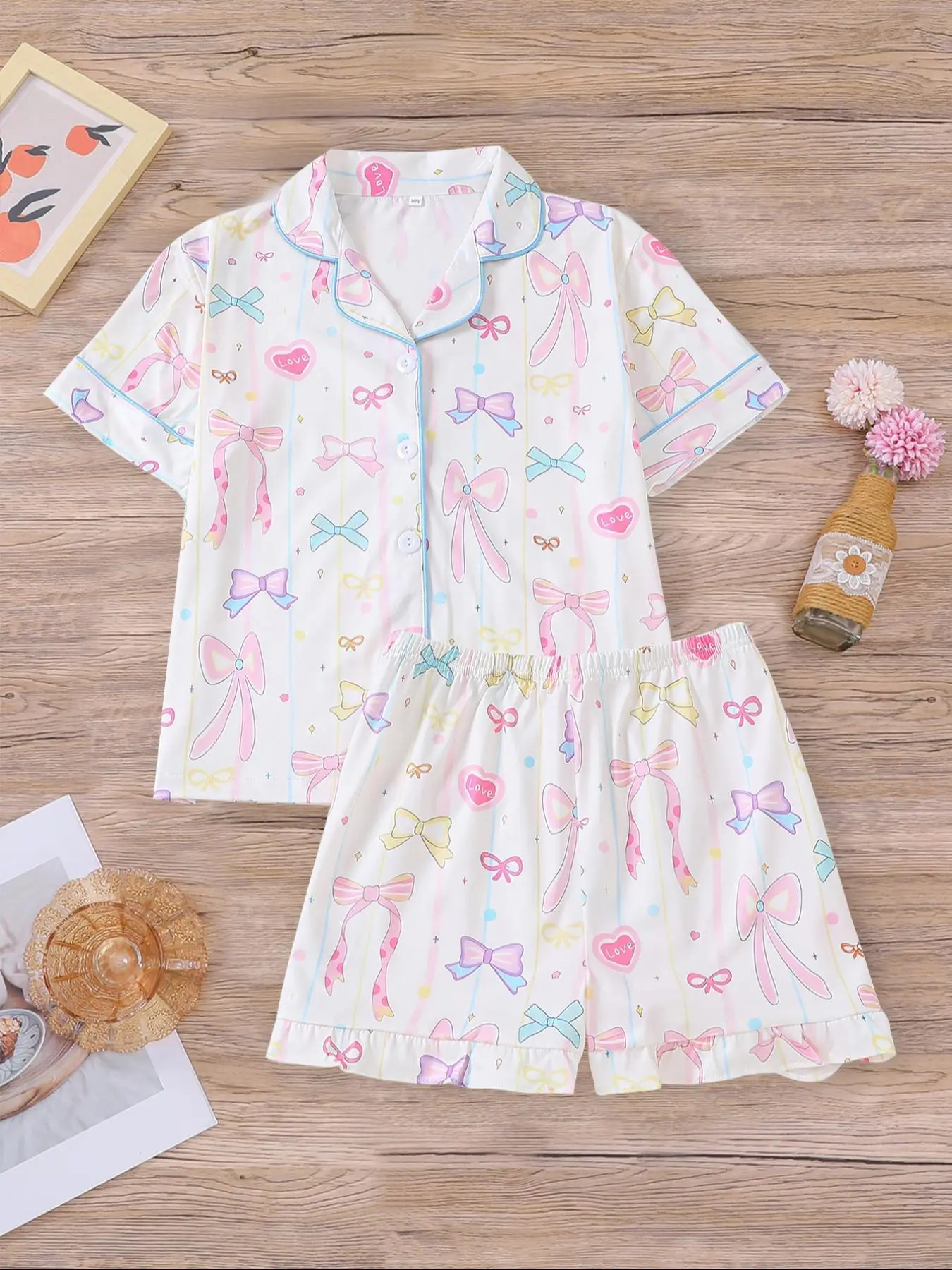 Girl's Bow Print Top & Shorts Pyjama Sets, Cute Casual Comfy Short Sleeve Top & Shorts Set, Kids Sleepwear for Summer, Collared Pajama Set, Summer Pjs