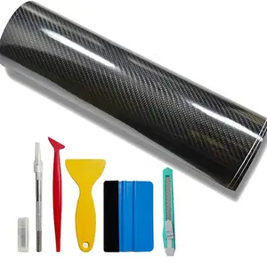 7D Car Body Carbon Fibre Vinyl Film Wrap Sticker Auto Interior Accessories with Cutter and Hand Tool Kit, 60" x 12" / 5 FT x 1 FT Car DIY Wrap Vinyl Roll Film Self-Adhesive, Universal Fits for Car SUV Coupe Sedan Interior Decoration
