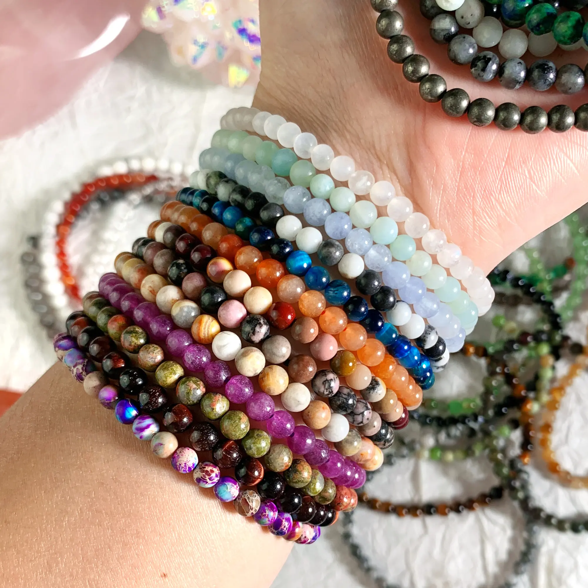Natural Crystal Healing Reiki Energy Stretchy Bracelet, 30 Types Black/Green/Red Gemstones Including Carnelian & Lapis Lazuli, 4mm Round Beads, 6.5in, for Men & Women Luck Handmade Jewelry