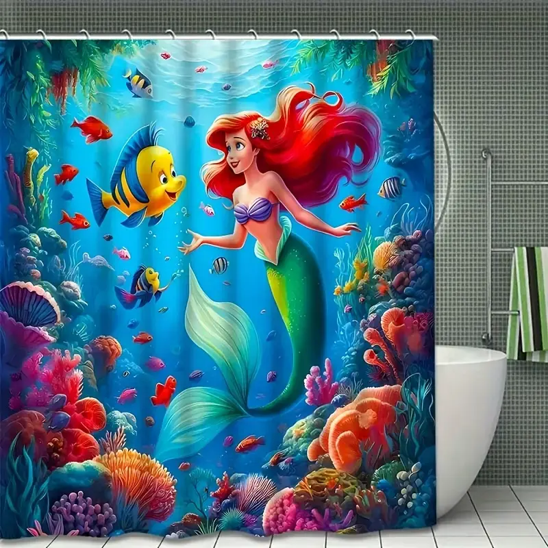 DISNEY CLASSIC The Little Mermaid Shower Curtain - Waterproof Polyester, with 12 Hooks, Ariel & Underwater Scene Bathroom Decor