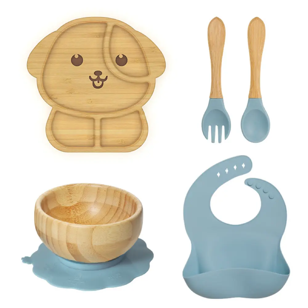 Adorer.care 5 Pieces Bamboo Plates and Bowls Set, Includes 2 Covered Spoons and a Soft Silicone Tipped Fork, BPA-Free and Easy to Clean