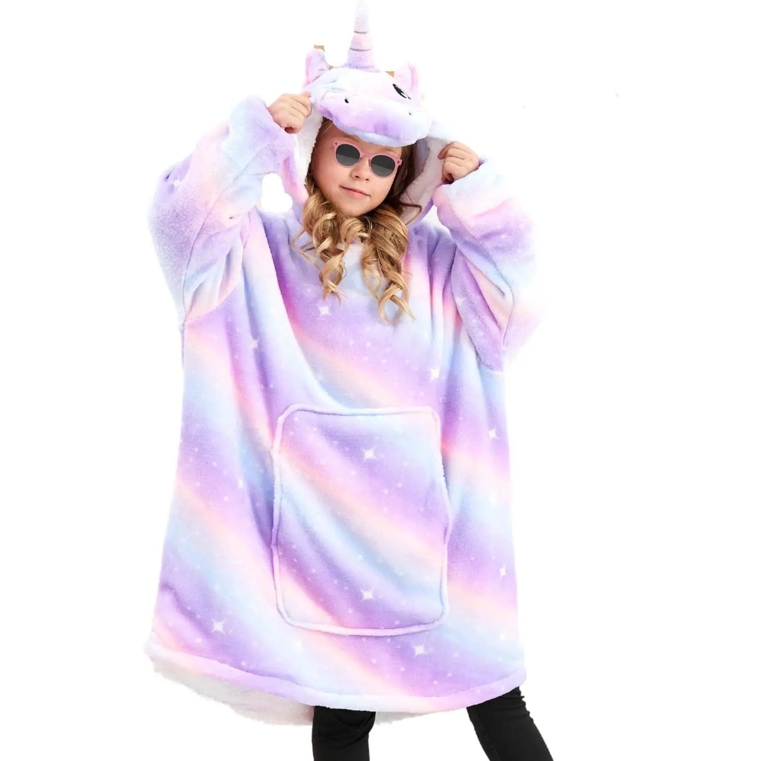 Girls' Cute Unicorn Graphic Wearable Blanket Hoodie - Oversized Loose-Fit Premium Flannel Fabric 100% Polyester Long Sleeve Colorblock Sherpa-Lined Child Loungewear with Large Pocket, Machine Washable, Ideal Gift