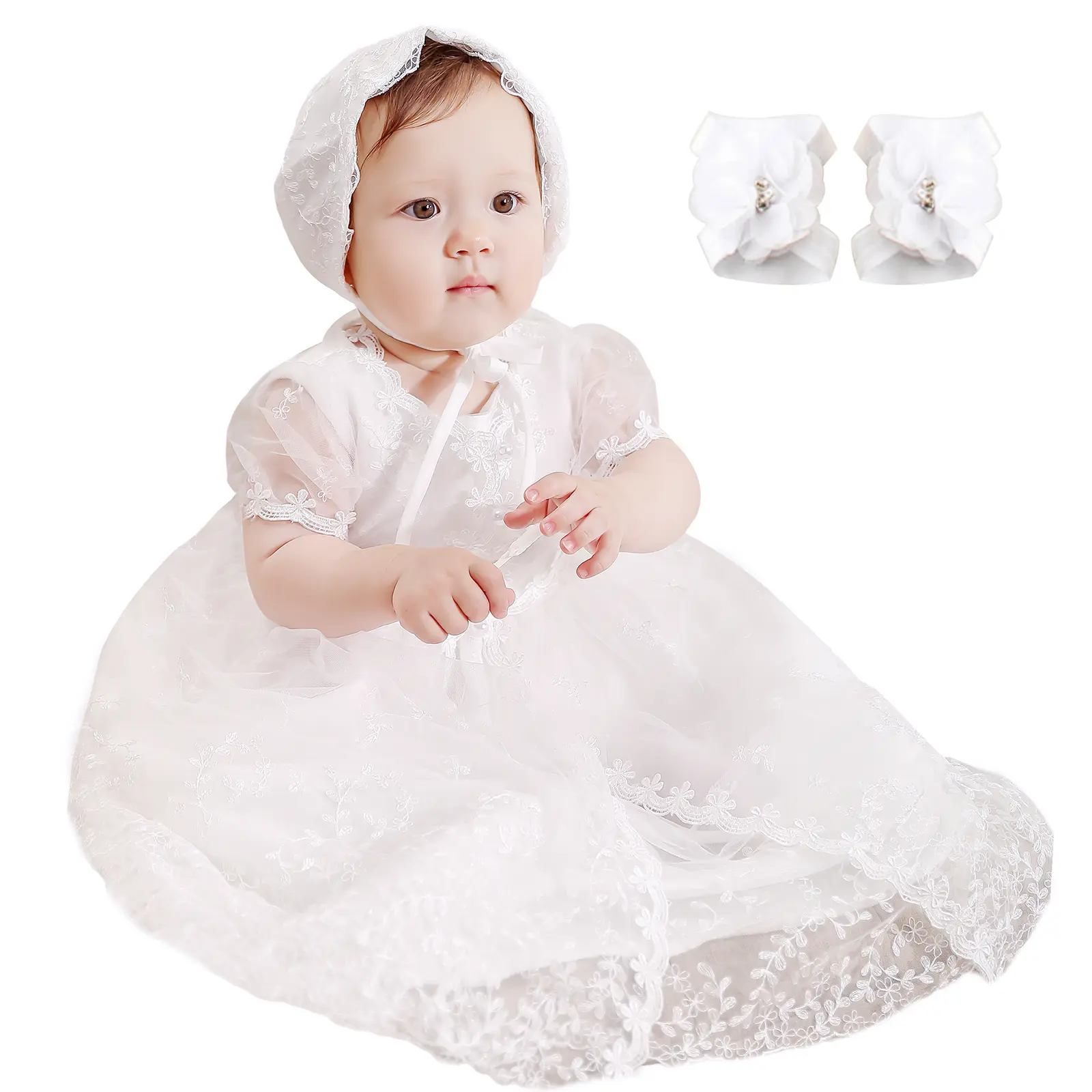 Elegant White Lace Baptism Dress for Baby Girl | Christening Gown with Bonnet & Foot Flower Set Infant Formal Outfit princess family gathering birthday party wedding