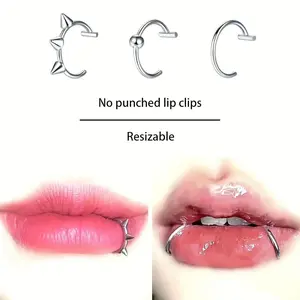 Hip hop-style stainless steel clip-on nose ring set — faux diamond lip jewelry decoration