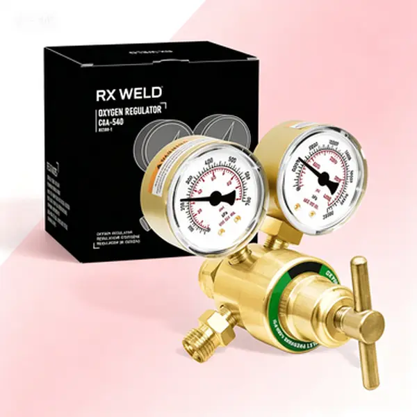 High Pressure Gas Regulator CGA 540 Inlet, Oxygen Regulator Welding Gas Gauges for V-Style Torch Cutting Kit, T-Handle, Heavy Duty Brass Construction, Reliable Flow Control