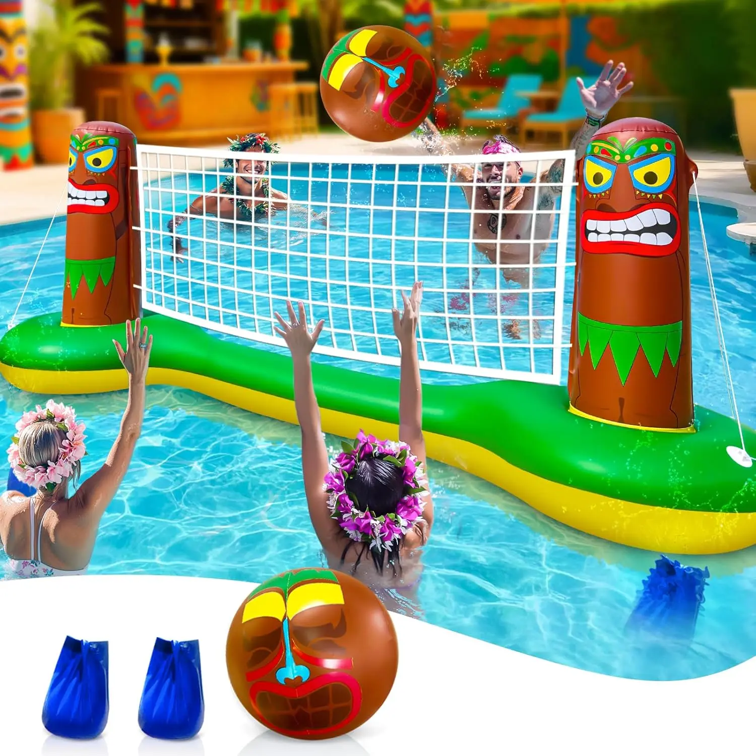 TURNMEON Inflatable Luau Tiki Pool Volleyball Net Pool Game, 105x28x35 Inches Thick Plastic Floating Water Toy Set with Beach Ball, 2 Repair Patches, 2 Tie-Down Ropes for Adults’ Tropical Hawaiian Summer Party Supplies