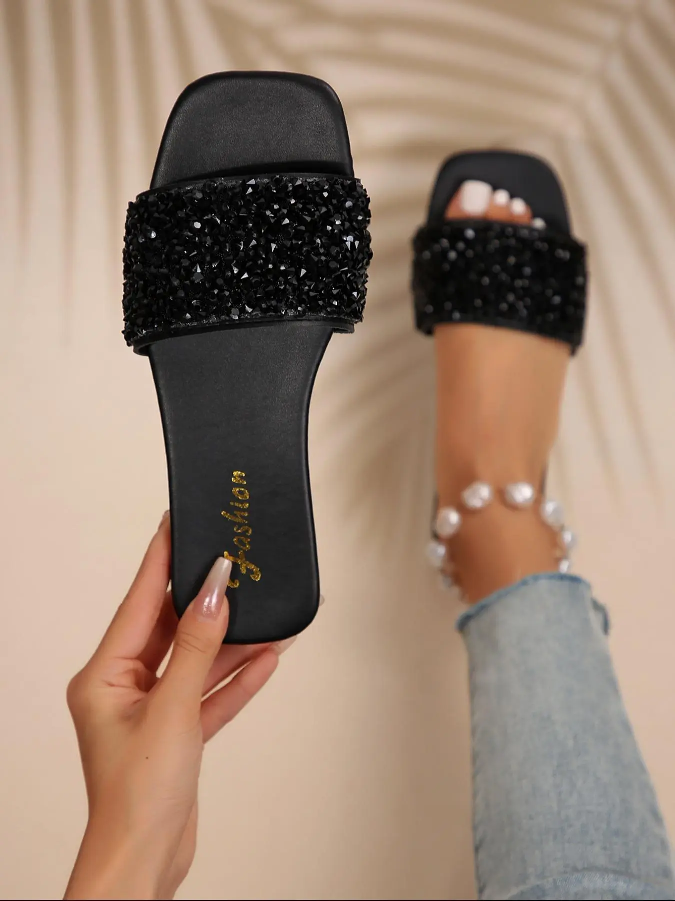 Women's Rhinestone Decorated Slide Sandals, Casual Summer Sandals, Comfortable Flat Sandals for Beach Vacation, Shoes for Daily Wear, Embellished Sandals, Sparkly Sandals