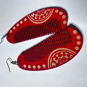 Colorful Pik Comb Wood Earrings -  with Gold Accents and Intricate Patterns