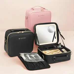 Makeup Bag with 3 Color Led Mirror, PU Leather Travel Cosmetic Bag Makeup Organizer Bag, Portable Makeup Case Adjustable Dividers Storage Box, Gift