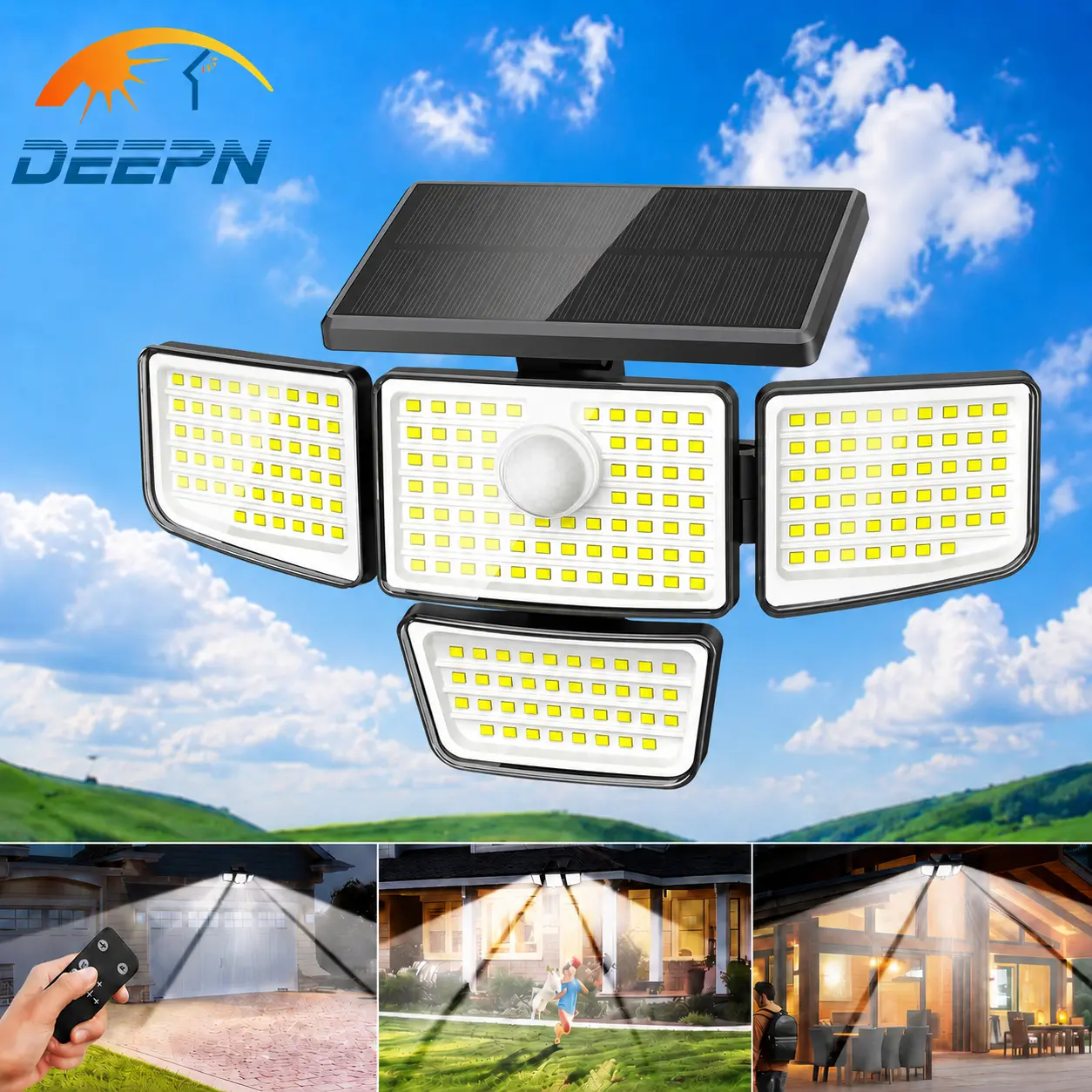 DEEPN Solar Outdoor Lights 4000LM LED Security Lights,with Motion Sensor Lights, 4 Heads Dimmable Spot Lights with 3 Modes,IP67 Waterproof,Suitable for Yard, Garage, Porch,Pool,Garden,Barn,Patio