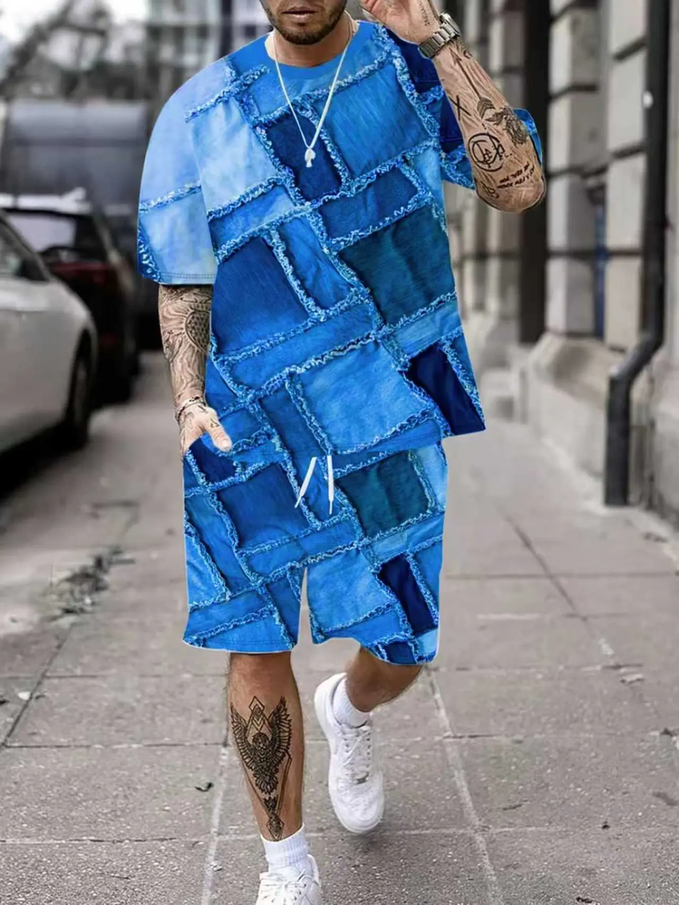 Men's Fashion Denim Patchwork Print Short Sleeve T-Shirt Set, Outfit, Summer Casual Sport Loose Shorts Two-Piece Set, Menswear, Geometric Design