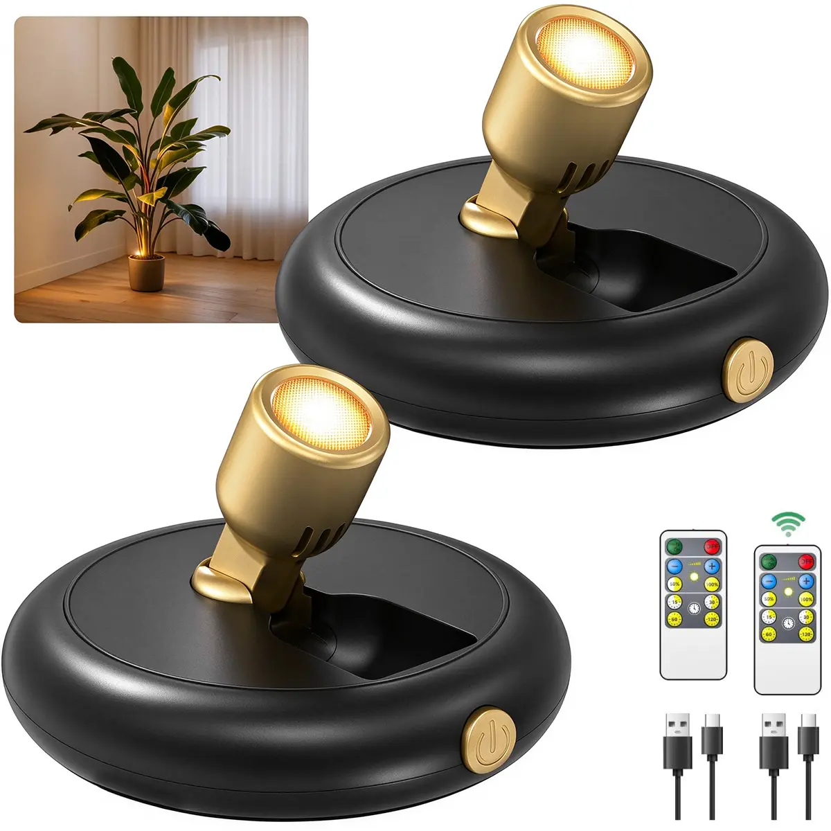 ISUNMEA Spotlight Indoor with Remote, 5000mAh Rechargeable Battery-Powered Plant Spot Lights, Wireless Mini Uplights with Dimmable, Timer, Accent Lighting for Pictures, Art, Displays (2-Pack)