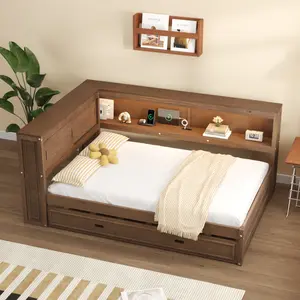 Full Size Daybed with Trundle, Charging Station and LED lights, Modern Corner Day Bed with Storage Shelves Bookcase, Platform Bed with Headboard, No Box Spring Needed