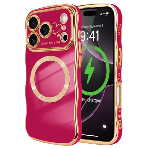 Women's MagSafe-Compatible TPU Smartphone Casing & Cover - Shockproof Protector for iPhone 12,13,14,15,16,17,18 Pro Max, Cute Curly Wave & Magnetic Love Heart Pattern, Luxury Plating Accessory