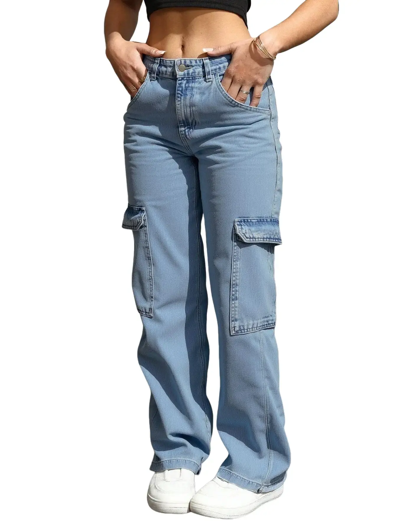 Women's High-Waisted Cargo Jeans, Chic Wide Leg Denim Pants in a Light Blue Wash for Everyday Casual Streetwear, Comfortable, High Waist, Button, Washed Look, All Season, Trendy Color, Style, Pockets