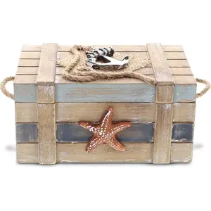 Neptune Wooden  Box - Handcrafted Nautical Trinket Wooden Box with Starfish and Boat Anchor, Decorative Box With Hinged Lid for Beach  Decor, Beach Souvenirs - 6.5 Inches