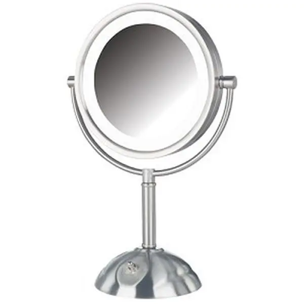 212 MAIN Jerdon-Style LED Tabletop Round Mirror with Lights - HL8808NL Model, 7.5 in. W, 8.5 in. Dia, 8X-1X Magnify, 16 in. H, Nickel Finish, 3 Settings, Vanity with Lights Bathroom Mirror Fixture Decor