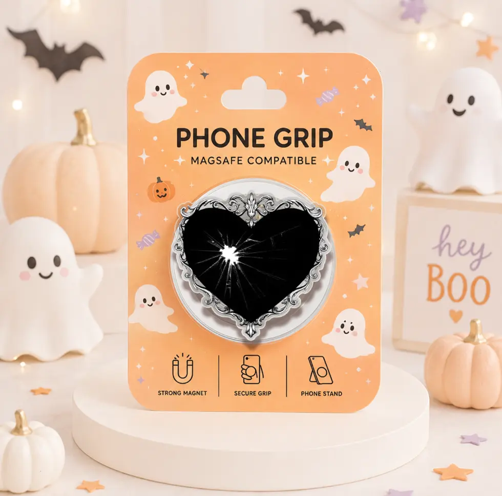 Broken Heart MagSafe Phone Grip, Black Gothic Heart Magnetic Phone Holder, Cute Gothic Love Kindle Stand, Spooky Season Phone Accessories, Gift for Halloween