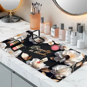 Dual-Sided Synthetic Leather Decorative Makeup Mat for Crafting, Furniture Protection, Scratch & Stain Resistant Surface Desk Pad, Waterproof Easy to Clean Vanity Protector (White Camellia)