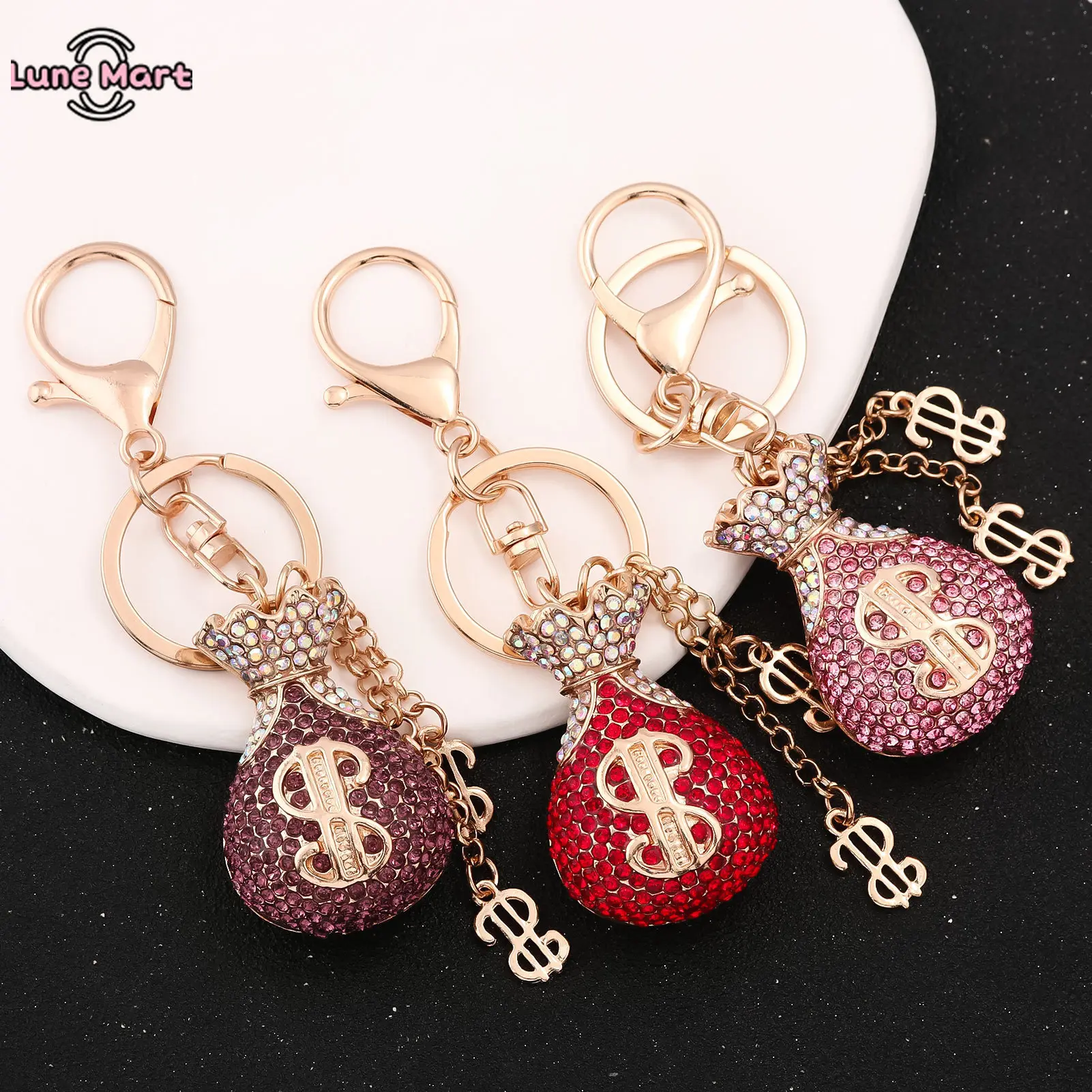 Cute Bling Multi-Color Rhinestone Money Bag Keychain with Dollar Sign Charm and Split Ring for Good Luck Gifts, Coin Pouch Keychains, Pouch Pendant, Auspicious, Coin Purse, Fortune Pouch