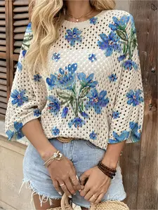 Spring/Summer style, crew neck hollow-out loose batwing raglan sleeve cover-up, color-block floral & butterfly print women's knitted top, vacation style, casual for commute, women's vest cover-up, bikini cover-up, Beach cover ups