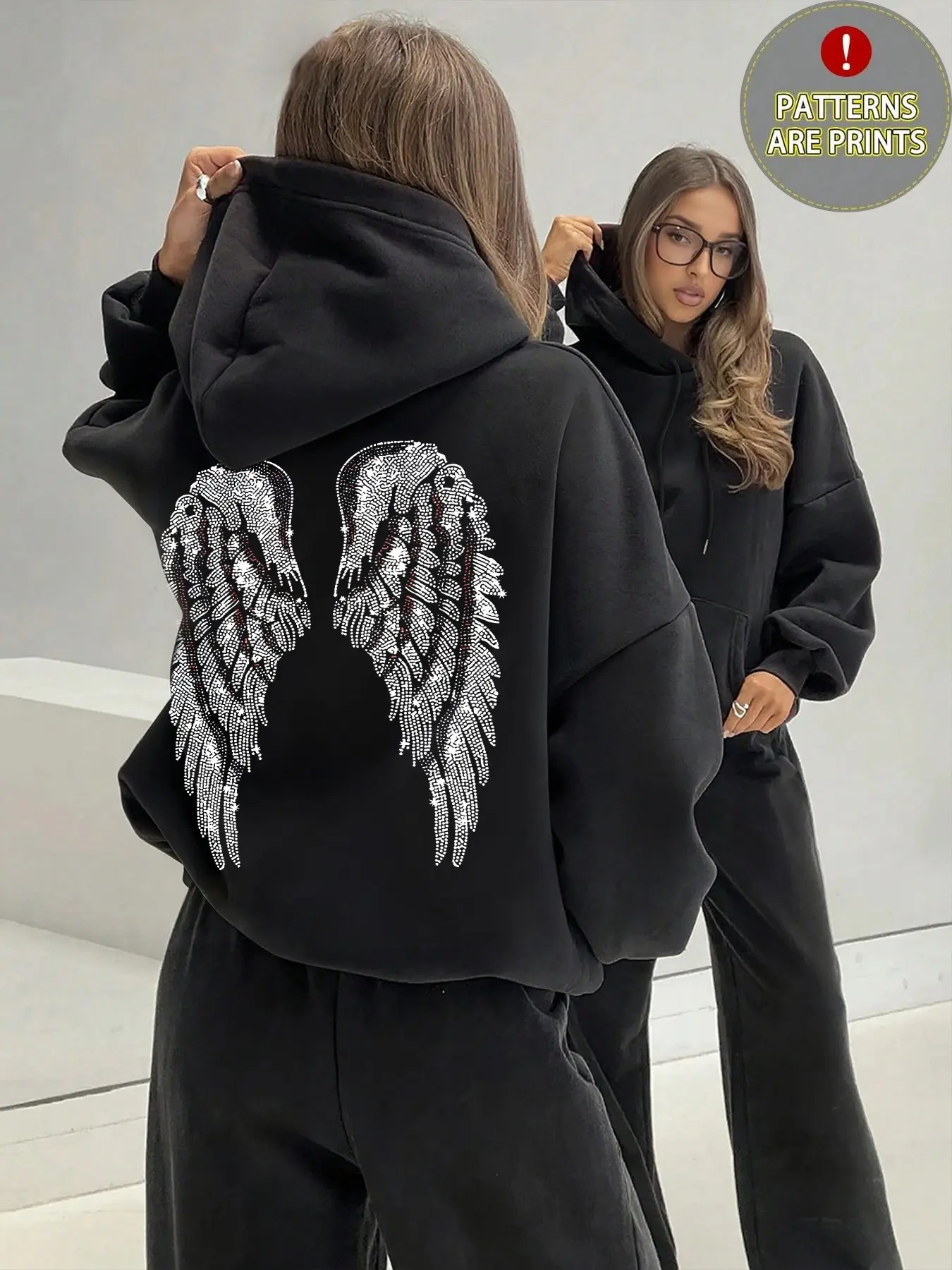 Women's Wing Print Loose Casual Hoodie with Pockets, Comfortable Fit, Fashionable Everyday Sportswear for All Seasons, Sweatshirts
