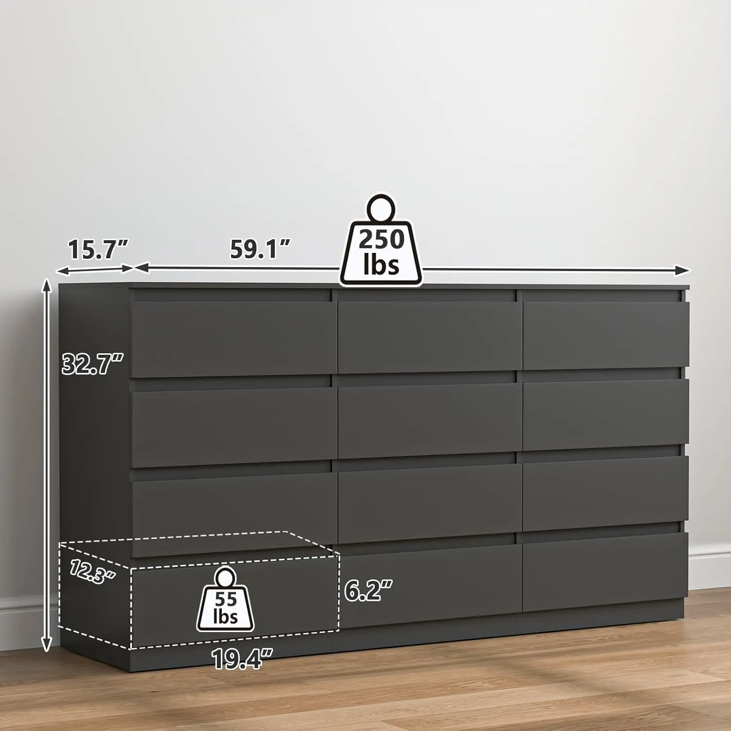 Black-12 Drawers(15.7"D x 59.1"W x 32.7"H)