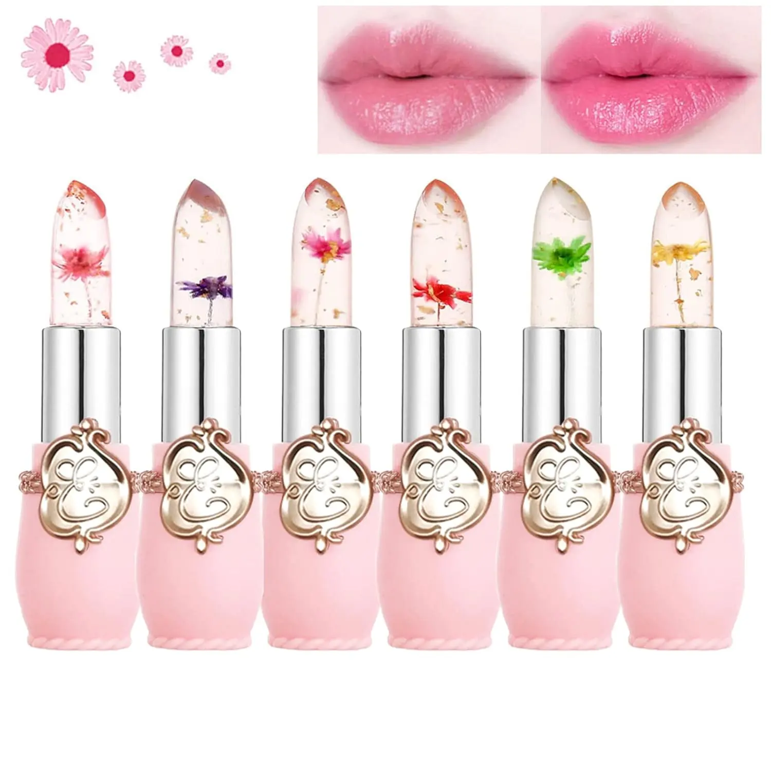 6-Pack Crystal Flower Jelly Lipstick – Hydrating, Long-Lasting Lip Balm with Natural Tint (Pink)