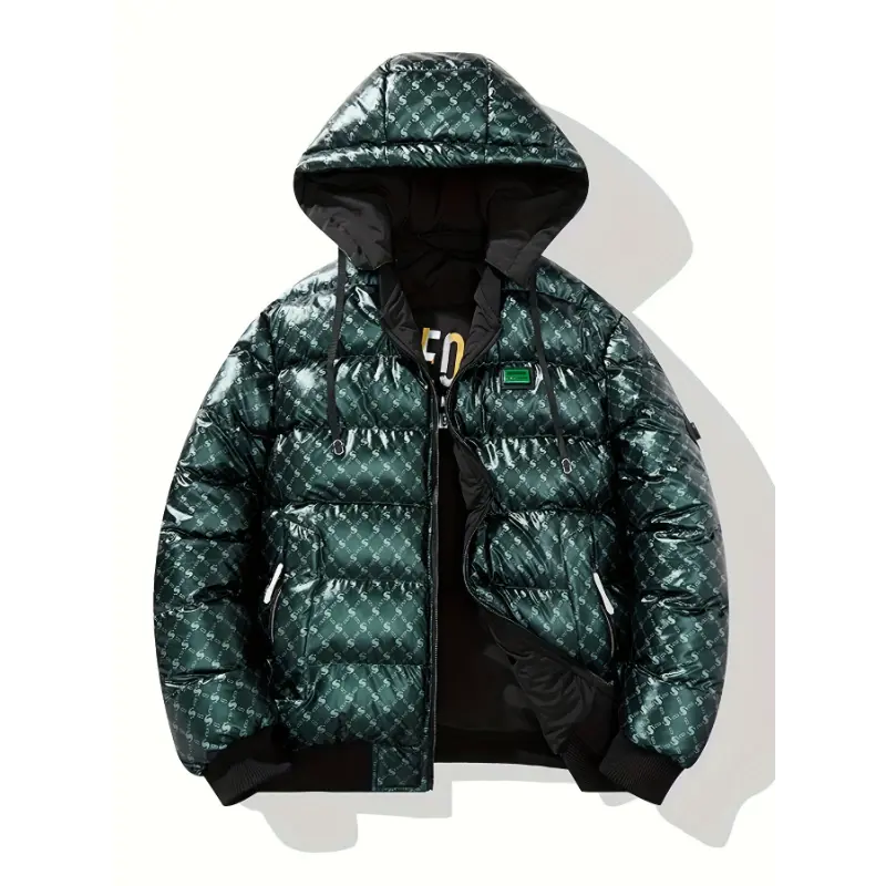 Men's Fashion Puffer Jacket, Double-Sided Shiny Hooded Windproof Insulated Coat, Casual Style, Polyester Material, Solid Color, Regular Fit, with Pockets, Woven Fabric