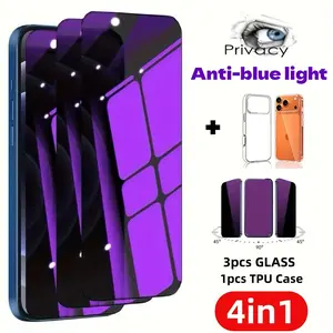 4in1 3pcs Anti-Blue Light Privacy Screen Protector+1pcs Phone Case For iPhone 17/17 Air/17 Pro/17 Pro Max/16/15/14/Plus/16E/13/12/Mini/11/XR/X/XS/XS MAX,9H Hardness,Anti-Spy,Anti-Fingerprint,Scratch-Resistant,Protective,Compatible Dynamic Island