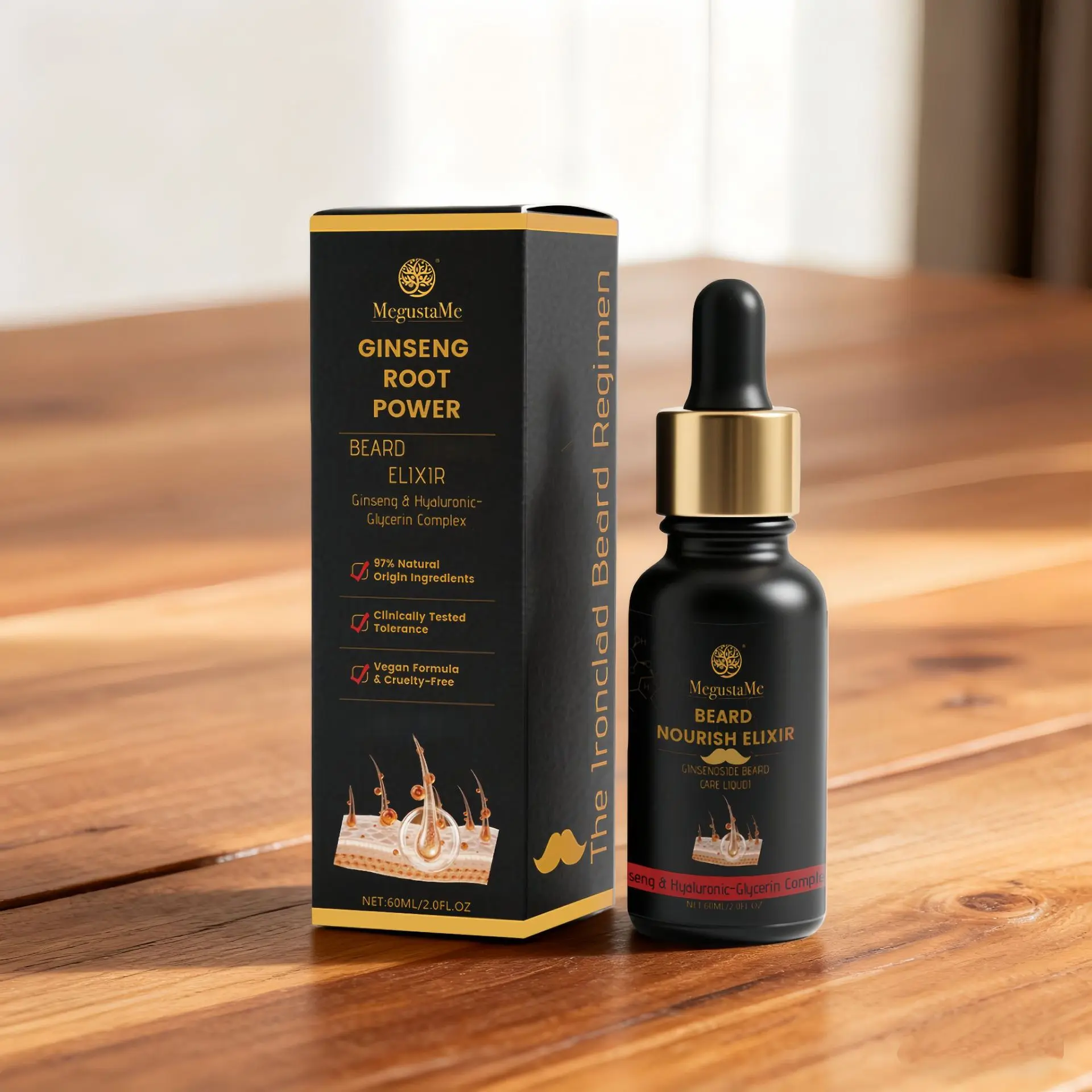 MegustaMe Beard Nourish Elixir - All-Day Hydration & Control, Vegan & Cruelty-Free, Natural Plant Power for Healthy Beards, 60ml - Daily, Moisturize Moisture Herbal