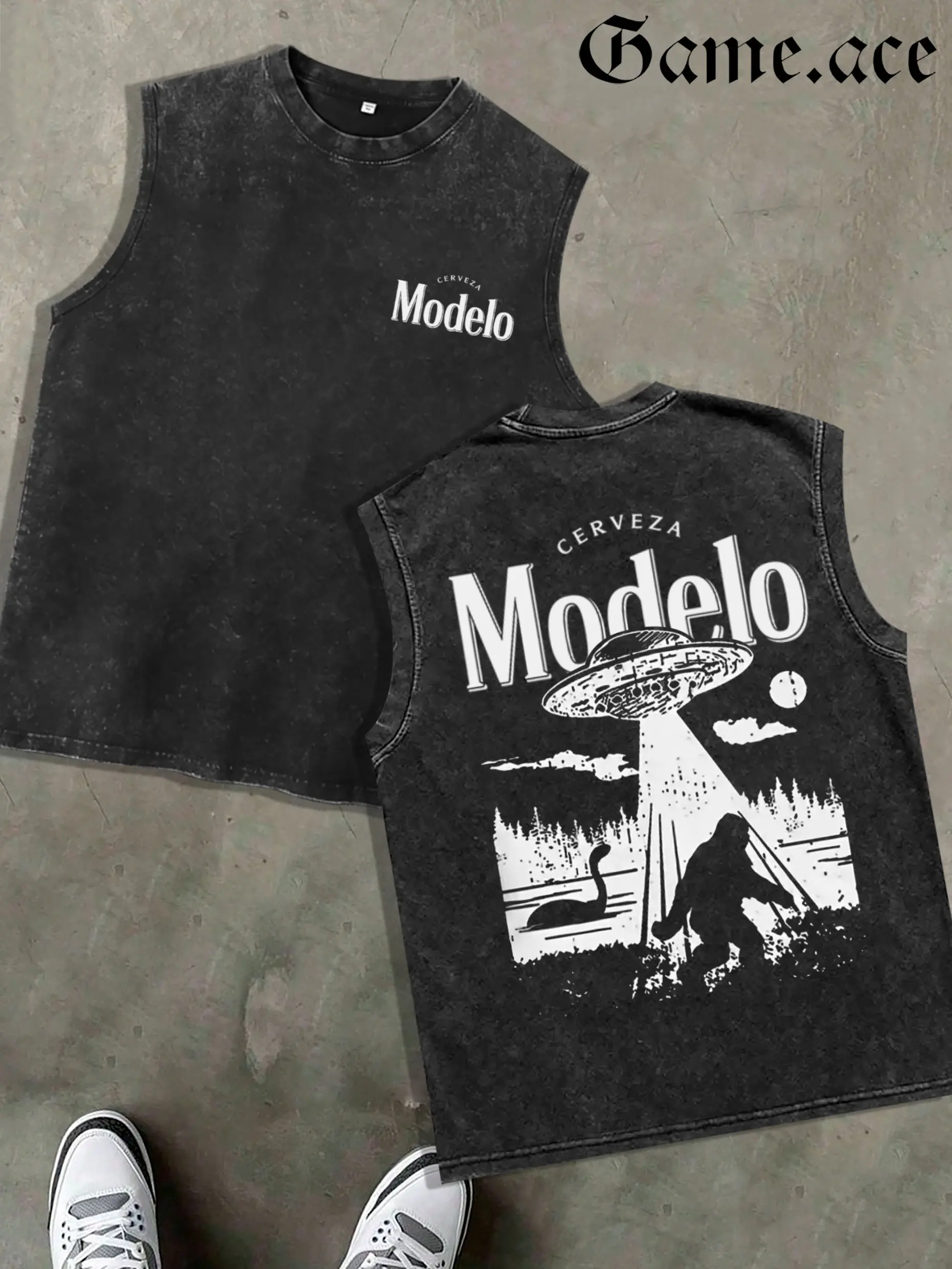 1 PCS Retro Washed Black Sleeveless Tank Top, Front Mini "Modelo" Print + Back UFO & Bigfoot Nessie Graphic, Sci-Fi Streetwear Style, 100% Cotton Unisex Oversized Vest, Casual Hangouts, Great Gift for Sci-Fi Fans
