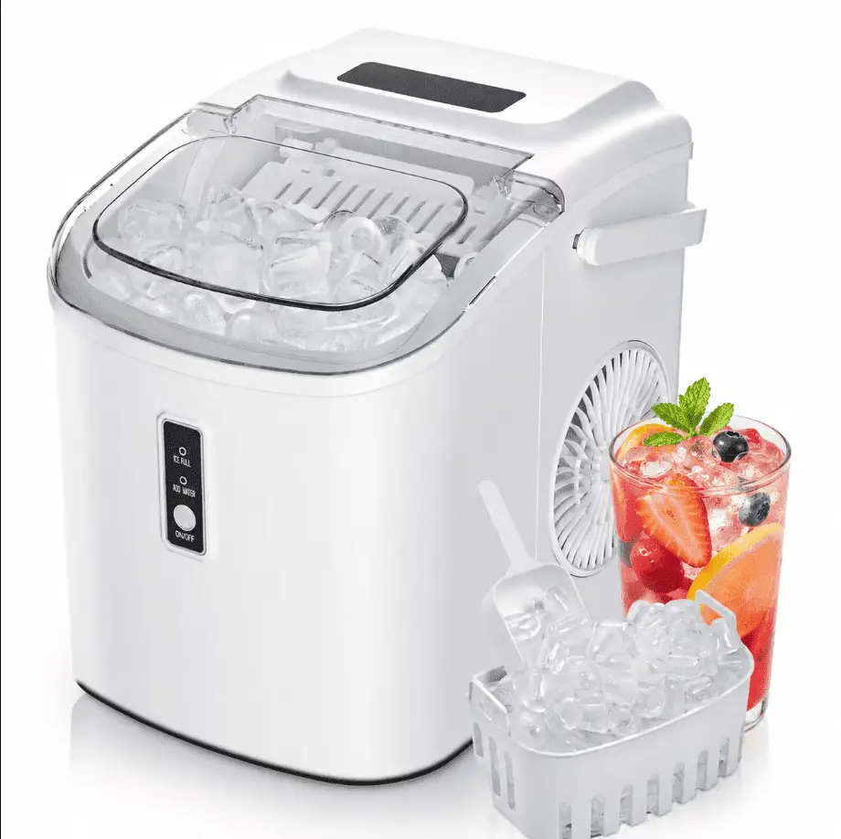 EUHOMY Countertop Ice Maker, 26 lbs/Day, 9 Bullet Ice in 6 Mins, Self-Cleaning, Compact Ice Machine, White